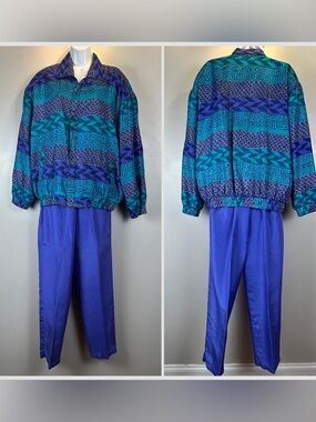 VTG 80s F U D A Silk Track Suit Womens L Teal Purple Print Jacket Solid Pants